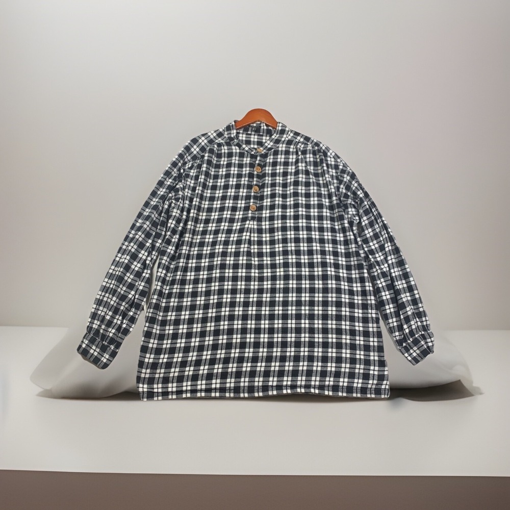 J.‎ Peterman Top Womens Large Black White Plaid Tunic Popover Long Sleeve Cotton